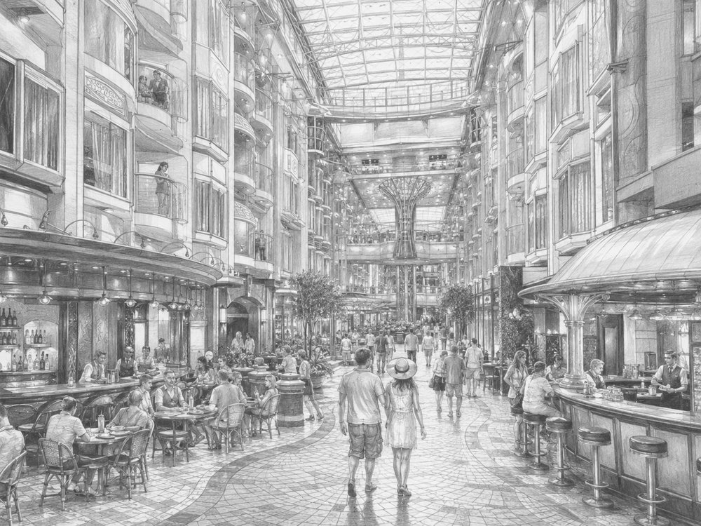 Illustration of the four-deck Royal Promenade aboard Liberty of the Seas