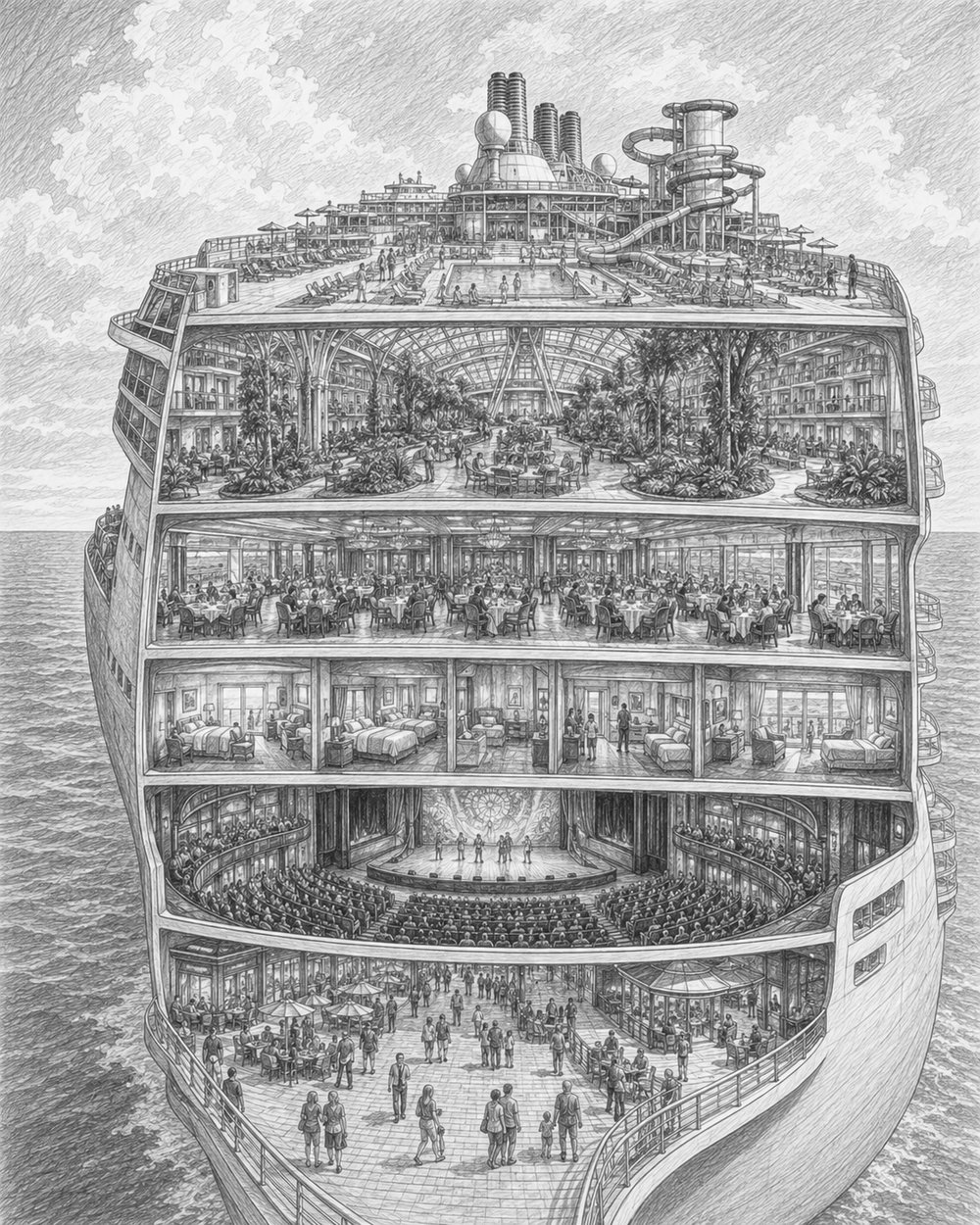 Illustration of the Grand Plaza and public spaces aboard Celebrity Ascent