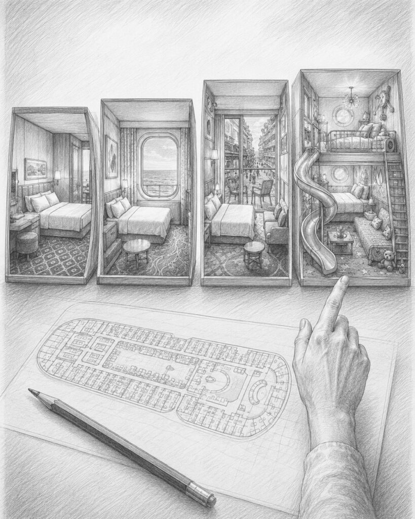 Cutaway illustration comparing interior, ocean view, balcony, and suite cabins on Oasis of the Seas