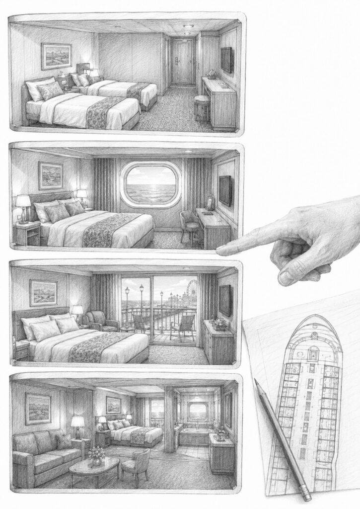 Cutaway illustration comparing interior, ocean view, balcony, and suite cabins on Utopia of the Seas