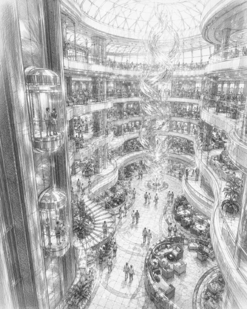 Illustration of the grand multi-deck promenade and atrium aboard Legend of the Seas
