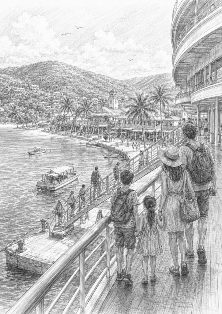 Illustration of a Caribbean port seen from Star of the Seas, with a gangway down to a palm-lined quay