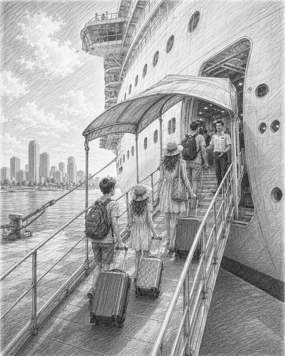 Illustration of guests boarding Independence of the Seas on embarkation day