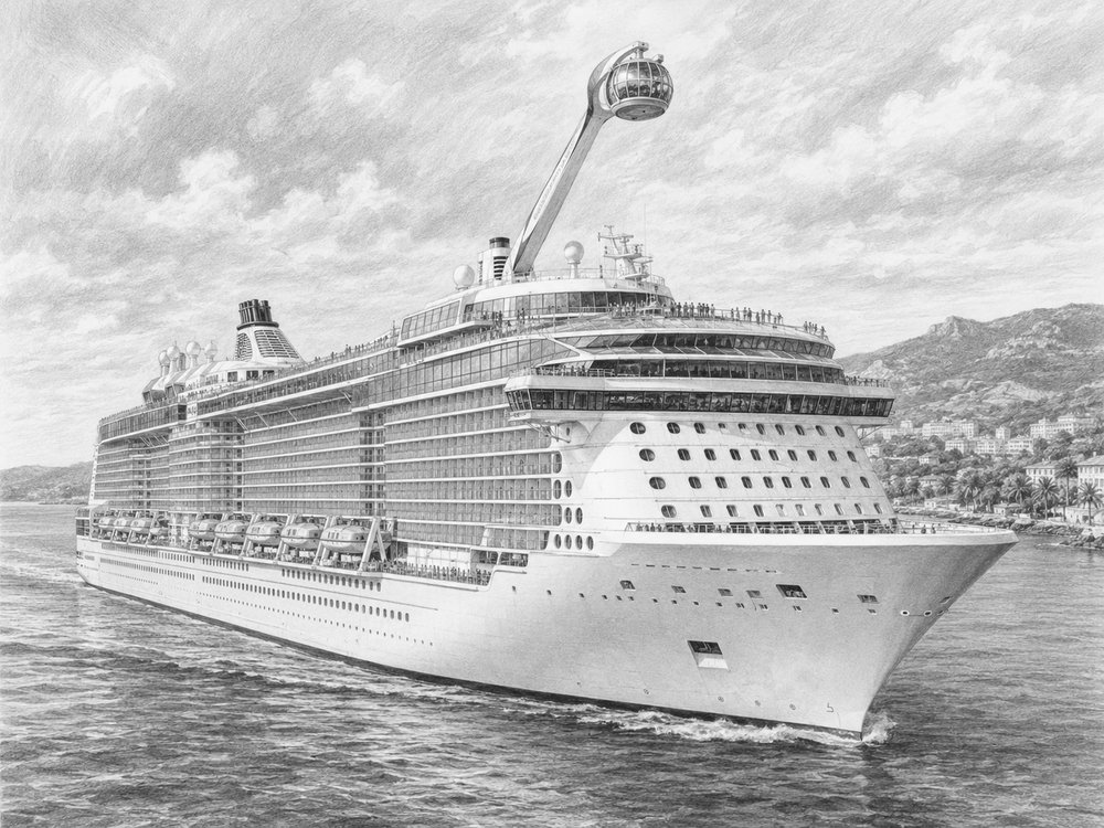 Illustration of Quantum of the Seas at the pier with travelers looking up at the ship
