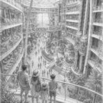 Illustration of Nieuw Statendam at the pier with travelers looking up at the ship