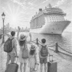 Illustration of Oasis of the Seas at the pier with travelers looking up at the ship