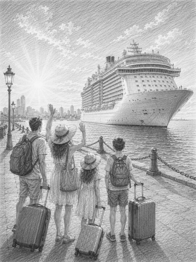 Illustration of Oasis of the Seas at the pier with travelers looking up at the ship