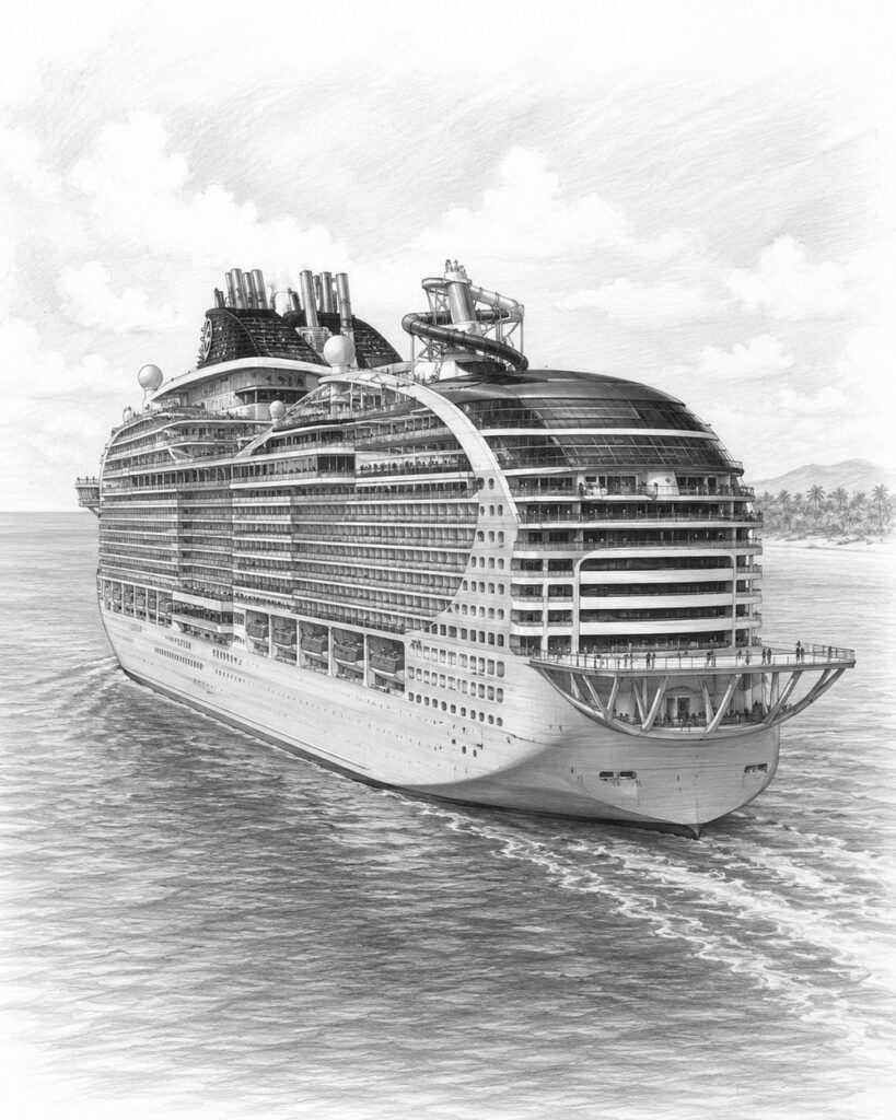 Illustration of MSC World Europa at the pier with travelers looking up at the ship