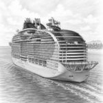 Illustration of MSC World Asia at the pier with travelers looking up at the ship