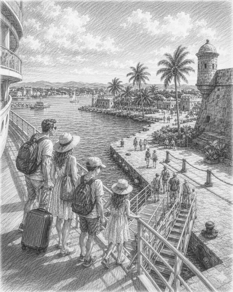 Illustration of a Caribbean port of call seen from Allure of the Seas