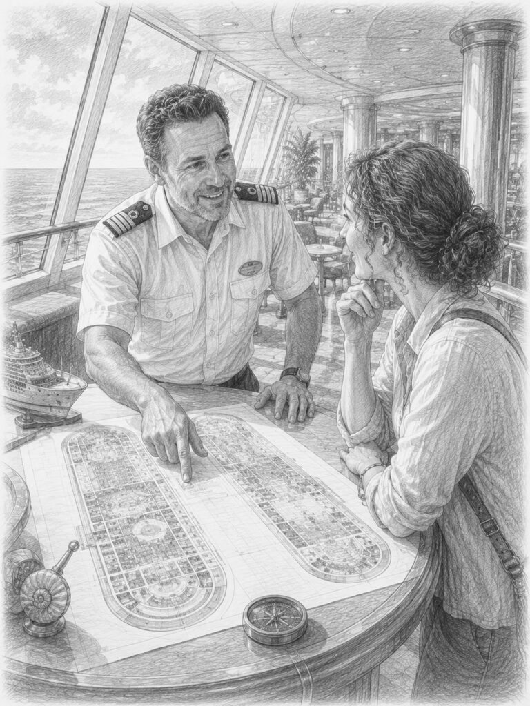 Illustration of a seasoned cruiser sharing advice beside a deck map on Norwegian Bliss