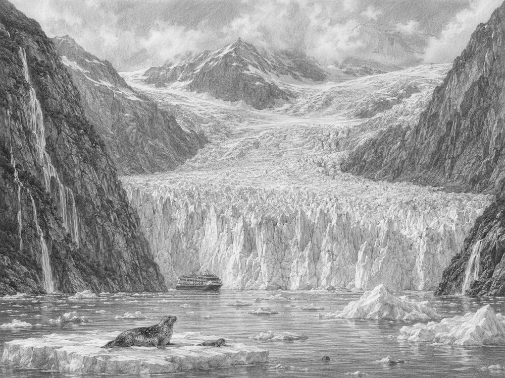 Illustration of the Dawes Glacier in Endicott Arm seen from Celebrity Edge
