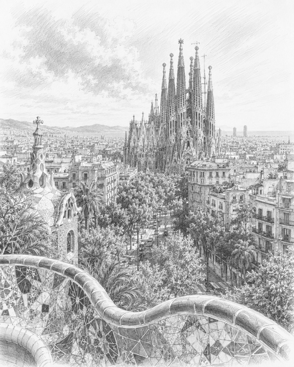 Illustration of Barcelona and the Sagrada Familia before a Celebrity Xcel cruise