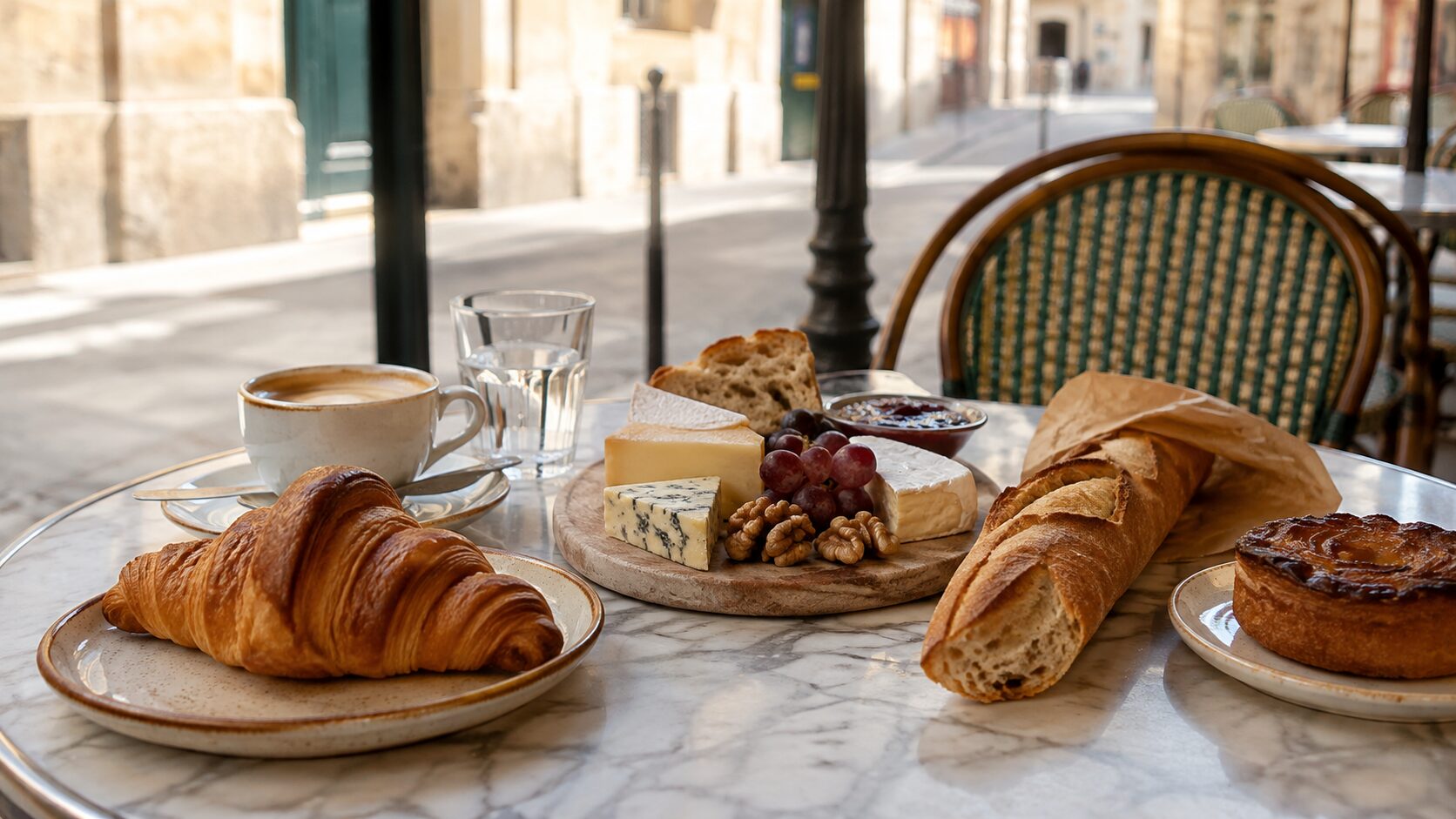 Croissant, baguette, French cheeses, pastry, and coffee at a Paris cafe