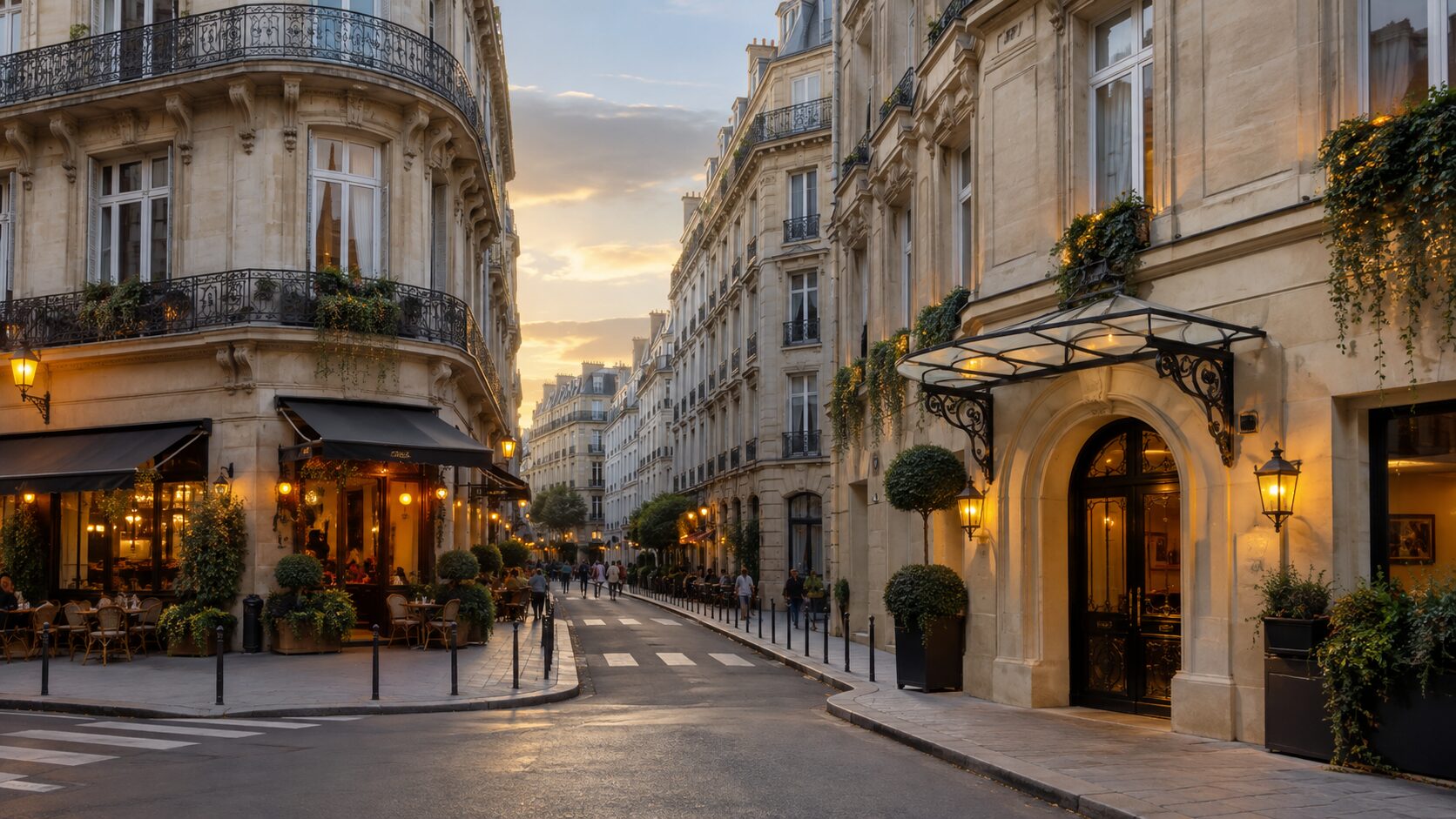 Elegant Paris neighborhood with a hotel entrance and cafe terrace